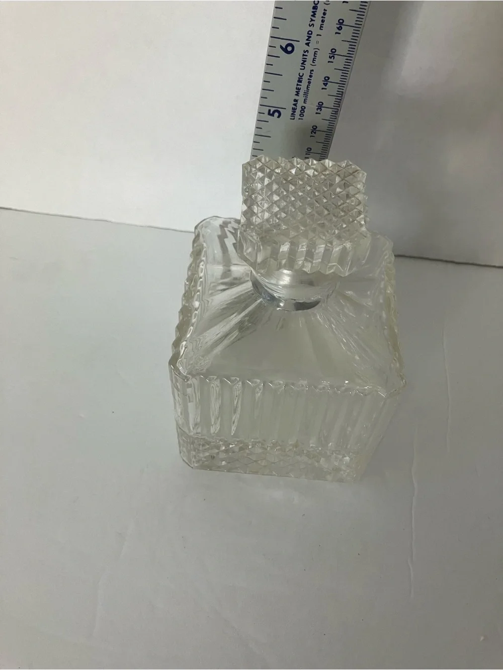Vintage MCM Clear Glass Square Decanter with Cut Pattern